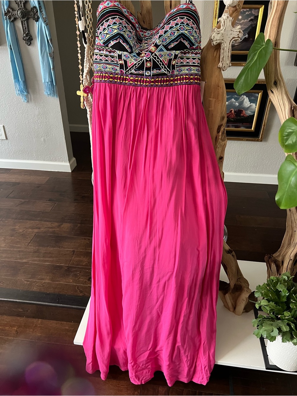 Embroidered Bust Fuchsia Maxi Dress